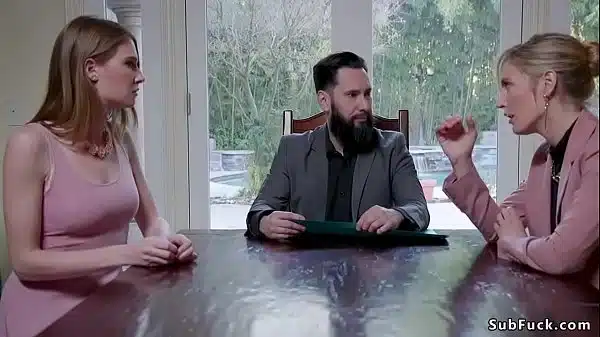 Blonde Slut Mona Wales And Step Sister Ashley Lane Reading Will Of Their Together With Lawyer Tommy Who Later In Bondage Fucking Them