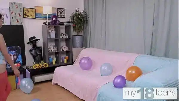 My18Teens Beautiful Brunette Girl Plays With Colorful Ballons And Masturbates