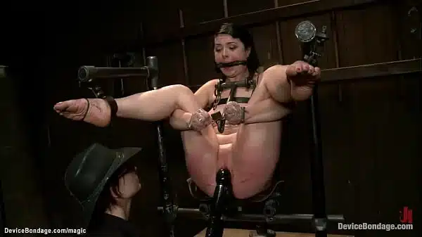 Bound In Custom Metal Device Indian Slave Siouxsie Q Gets Pussy Vibrated Then Chained In Doggy Position Butt Plugged And Pussy Banged With Dick On A Stick By Lezdom Claire Adams