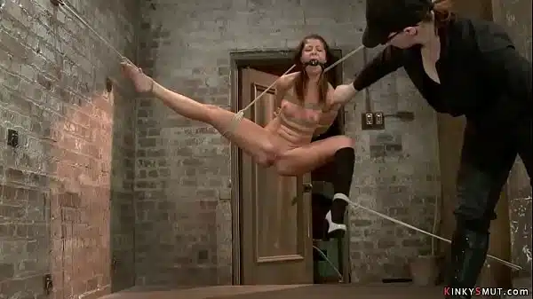 Gagged Brunette Slave Mia Gold Is Bound And Suspended In The Air In Hogtie Position Gets Ass Whipped And Finger Fucked By Lezdom Claire Adams